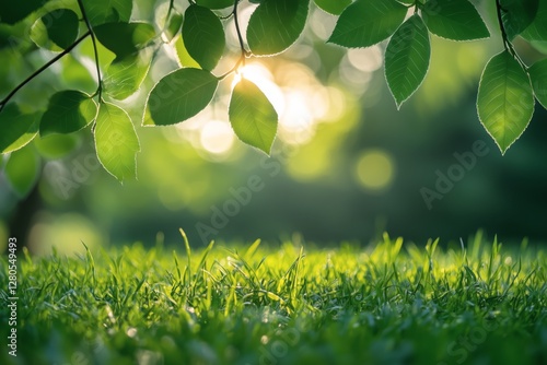Bright Green Leaves Glistening Under Sunlight Near Lush Grass on a Clear Day ...