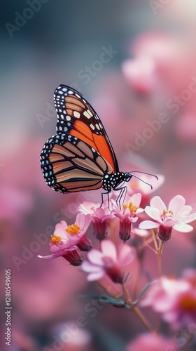 Butterfly Perched on Pink Flowers in a Vibrant Garden During Sunny Daylight