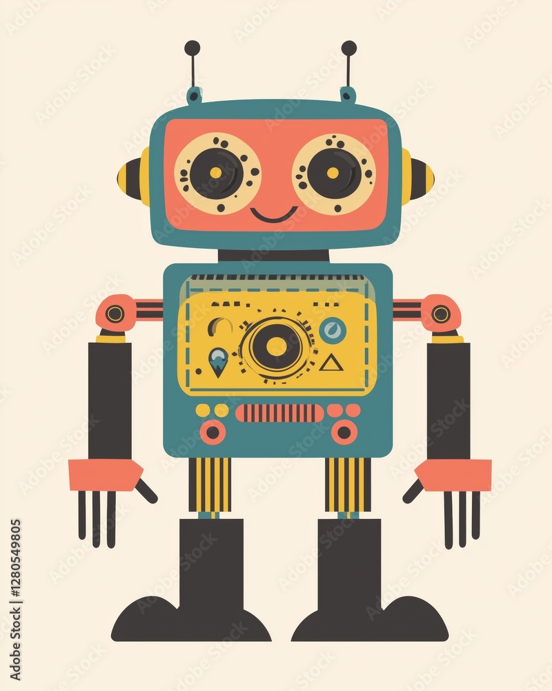 Fototapeta premium Colorful vintage robot character illustration Whimsical style AI robotic icon flat art design 