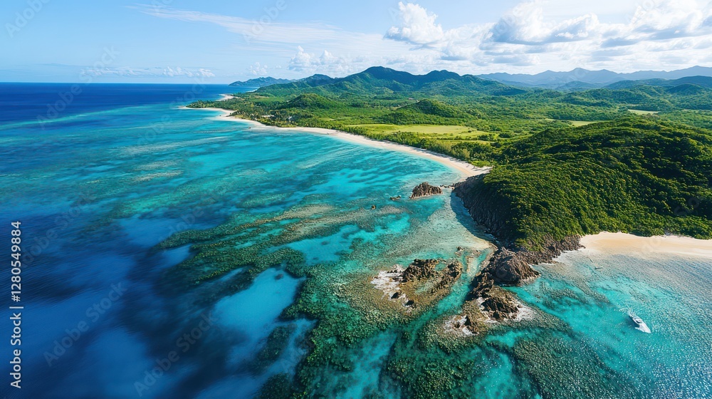Fototapeta premium A dynamic aerial view of a tropical coastline, where turquoise waters and white sands meet