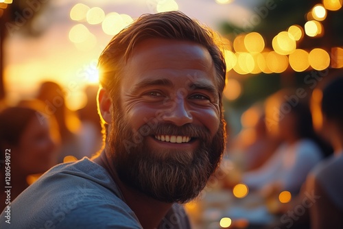 Charming Man Enjoying a Lively Outdoor Dinner Party Surrounded by Warm Lights...