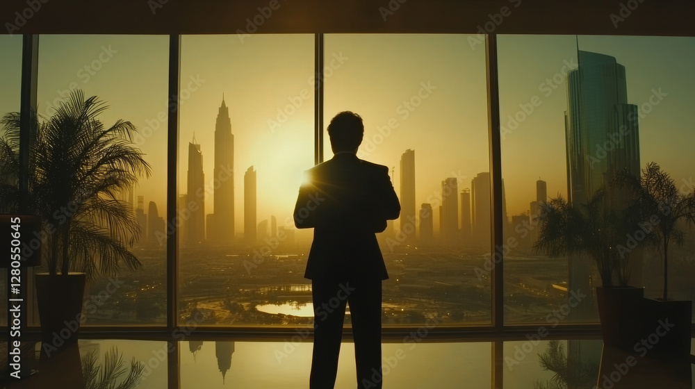 Fototapeta premium businessman stands in front of large window, silhouetted against stunning sunset over city skyline, evoking sense of ambition and success