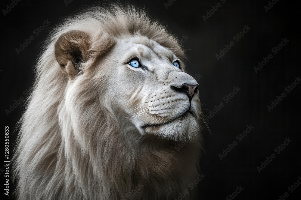 Fototapeta premium majestic silver-white lion portrait with piercing blue eyes and flowing mane against deep black background, dramatic studio lighting