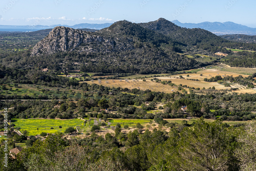 view of the Galdent mountain range from Randa village, Algaida, Algaida, Mallorca, Balearic Islands, Spain view of the Galdent mountain range from Randa village, Algaida, Algaida, Mallorca, Balearic Islands, Spain