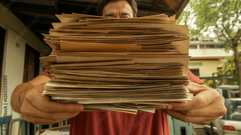Obraz premium person holding large stack of papers outdoors, showcasing overwhelming amount of documents. scene conveys sense of clutter and organization challenges