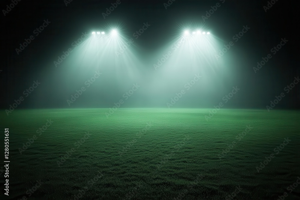 Obraz premium majestic soccer stadium illuminated by powerful floodlights piercing through misty night air, emerald pitch gleaming under artificial lights, dramatic shadows casting across empty stands
