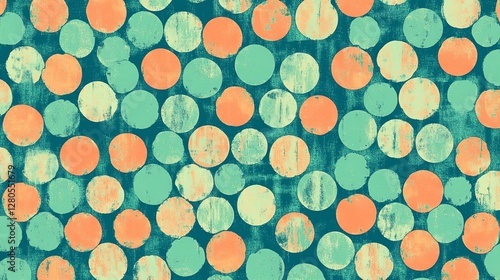 Abstract teal and peach circle pattern.
