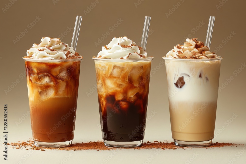 Set of three iced coffee drinks in clear cups, each with different milk ratios, straws, and ice cubes Set of three iced coffee drinks in clear cups, each with different milk ratios, straws, and ice cubes