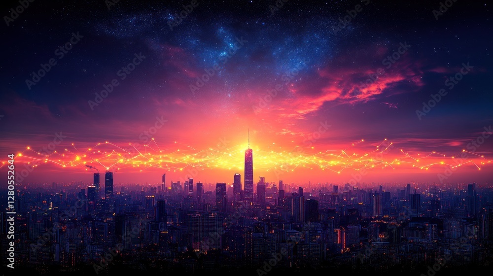 Cityscape sunrise, futuristic connections, night, urban Cityscape sunrise, futuristic connections, night, urban