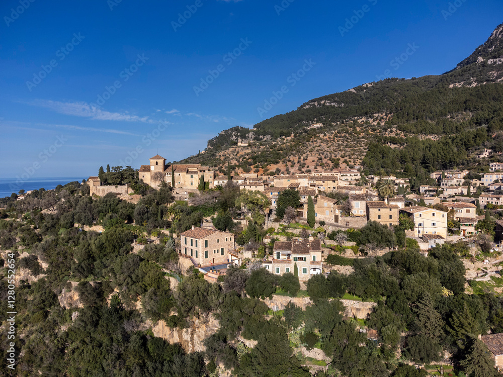 Deia valley and village, Natural area of the Serra de Tramuntana., Majorca, Balearic Islands, Spain Deia valley and village, Natural area of the Serra de Tramuntana., Majorca, Balearic Islands, Spain