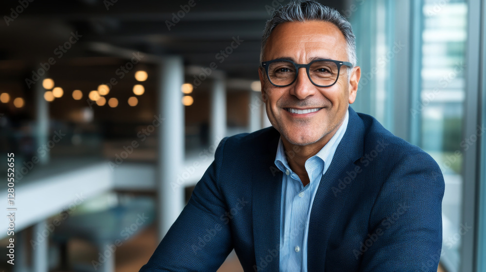 Fototapeta premium confident man in suit smiles warmly, showcasing professional atmosphere in modern office setting