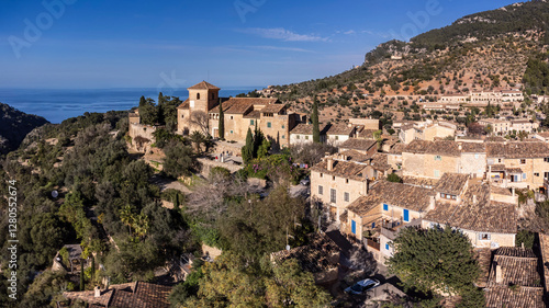 parish church of San Juan Bautista and village, 14th century, Deià, Natural area of the Serra de Tramuntana., Majorca, Balearic Islands, Spain