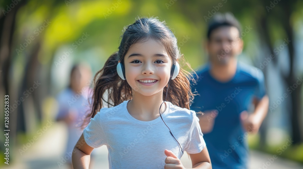 A relaxing and healthy kid jogging with happy family, father and mother for exercise together. A relaxing and healthy kid jogging with happy family, father and mother for exercise together.