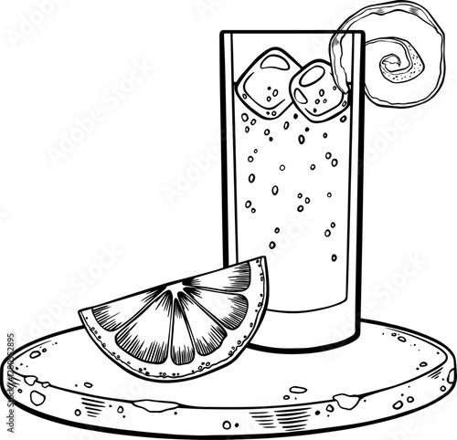 Clip art of shot glass and slice lemon and peel.