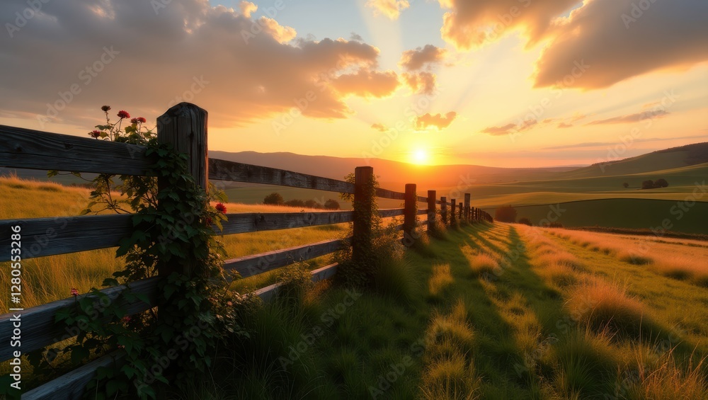 Fototapeta premium Golden Sunset Over Rolling Hills with Rustic Wooden Fence and Vibrant Green Grass