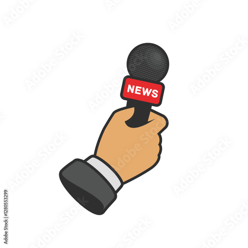 Hand holding microphone. Journalism, live news or reporters interviews concept. Mic in hands of man. Vector illustration in flat style. EPS 10.