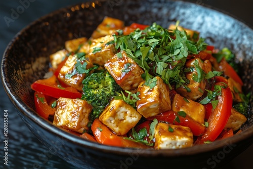 Colorful Tofu Stir Fry With Broccoli and Bell Peppers Served in a Black Bowl