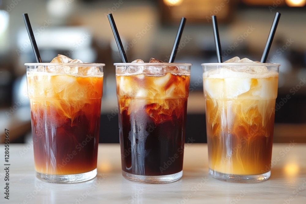 Set of three iced coffee drinks in clear cups, each with different milk ratios, straws, and ice cubes Set of three iced coffee drinks in clear cups, each with different milk ratios, straws, and ice cubes