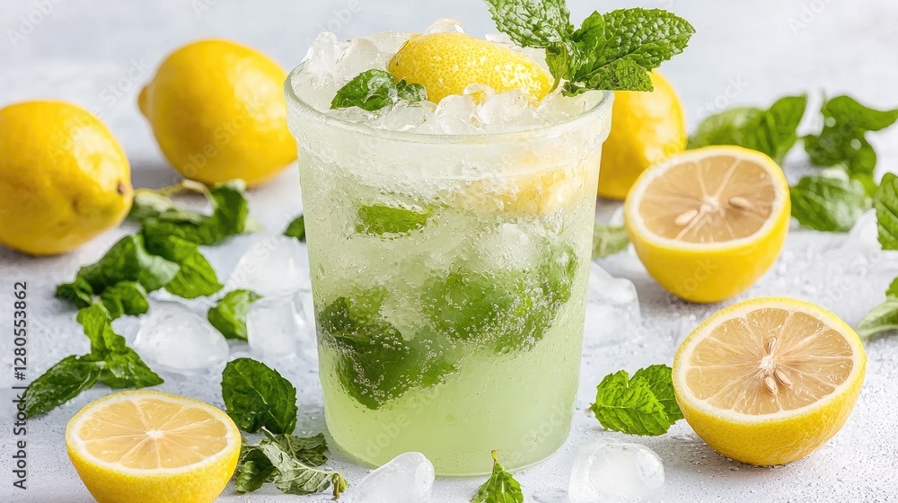 Refreshing lemonade with mint, ice, and lemons Refreshing lemonade with mint, ice, and lemons