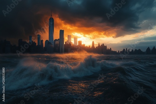Dramatic Sunset Behind a City Skyline With Turbulent Ocean Waves in the Foreg...