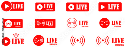 Live streaming icons in red color set of broadcasting symbols with play button and wireless signal isolated on white background. Red live buttons for online broadcast. Play button live broadcast icons