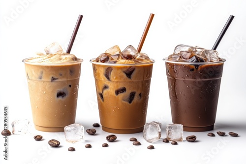 Wallpaper Mural Set of three iced coffee drinks in clear cups, each with different milk ratios, straws, and ice cubes Torontodigital.ca