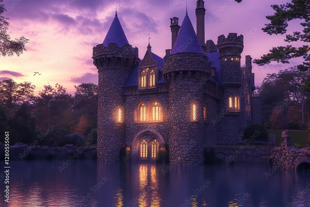 Obraz premium medieval castle with soaring turrets against purple twilight sky, illuminated windows casting warm glow across moat