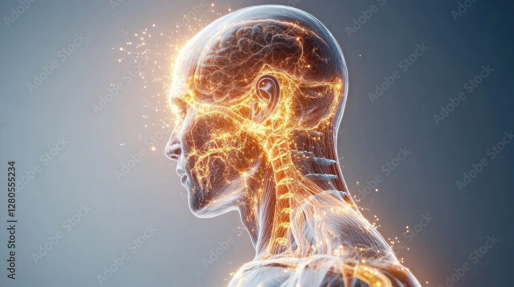 Glowing Human Anatomy with Energy Flow in a Side Profile View Glowing Human Anatomy with Energy Flow in a Side Profile View