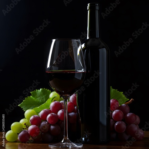 Red Wine Glass and Bottle with Fresh Grapes photo