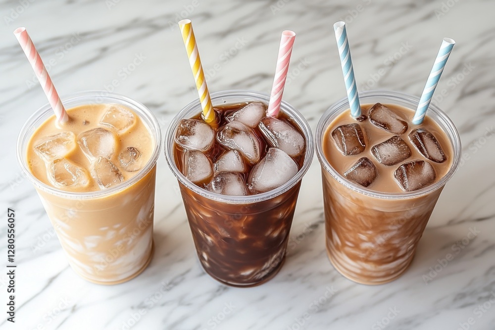 Set of three iced coffee drinks in clear cups, each with different milk ratios, straws, and ice cubes Set of three iced coffee drinks in clear cups, each with different milk ratios, straws, and ice cubes