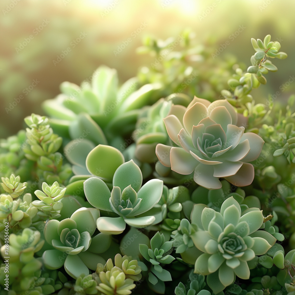 Close-up of green succulent plants in soft sunlight Close-up of green succulent plants in soft sunlight