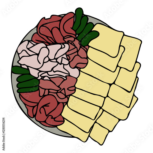 plate of raclette cheese and charcuterie illustration hand drawn vector french food