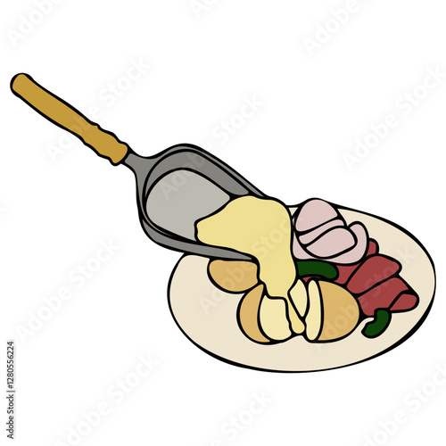 raclette plate with cheese and charcuterie illustration hand drawn vector french food