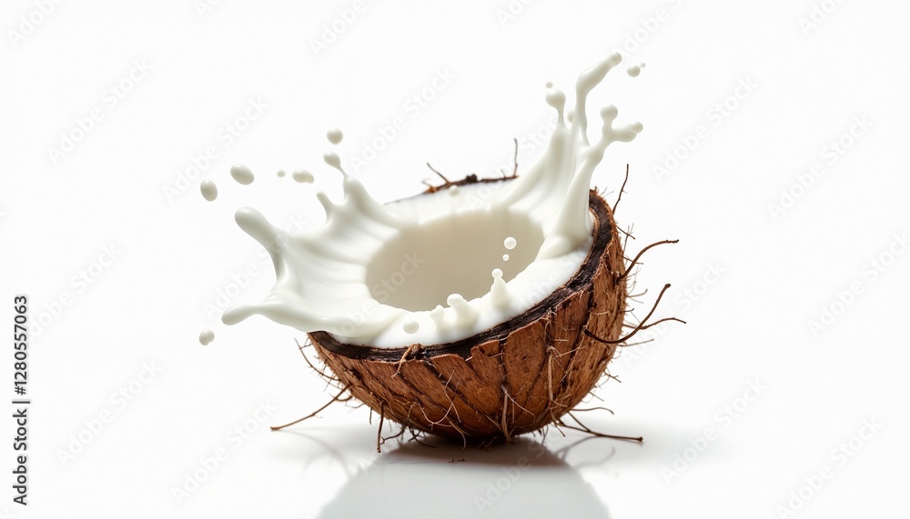 Broken coconut with milk splashing on smooth white background Broken coconut with milk splashing on smooth white background