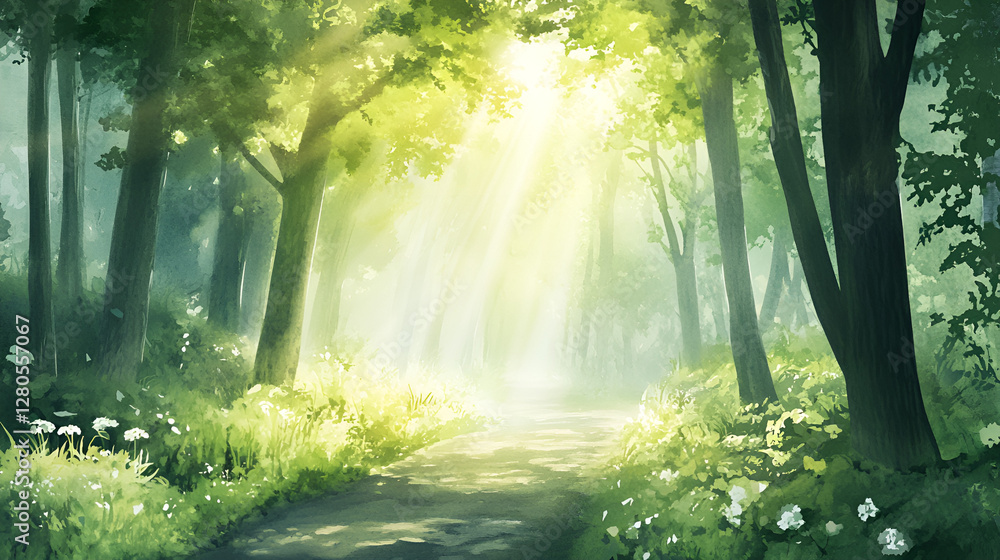 Obraz premium Sunlight streaming through green forest path