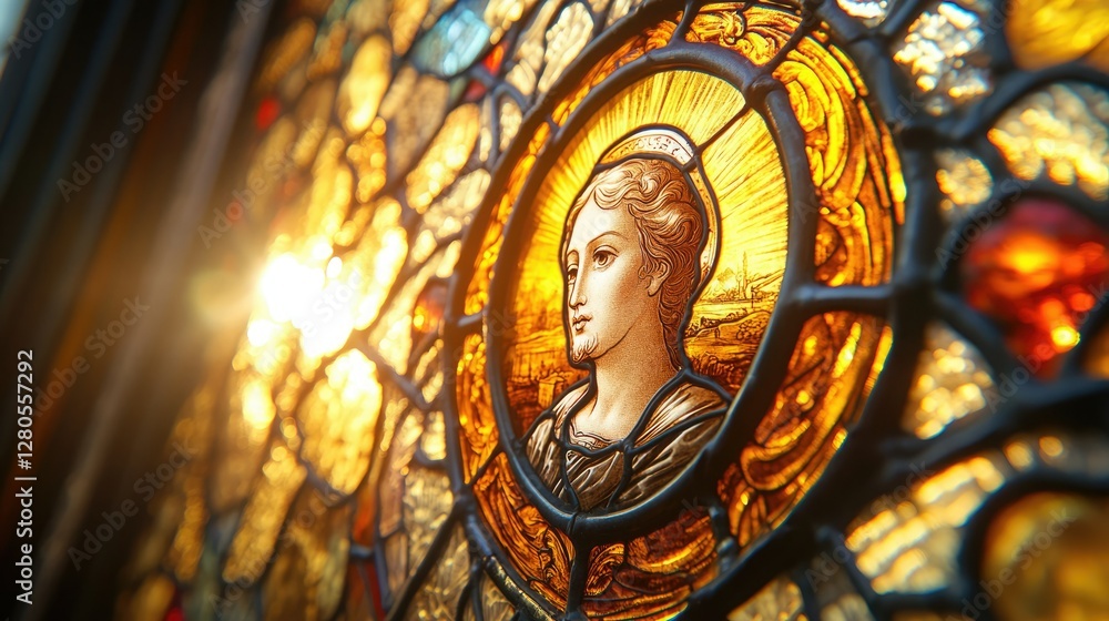 Obraz premium Stained glass depicting a sacred figure with intricate details and rich colors illuminated by sunlight
