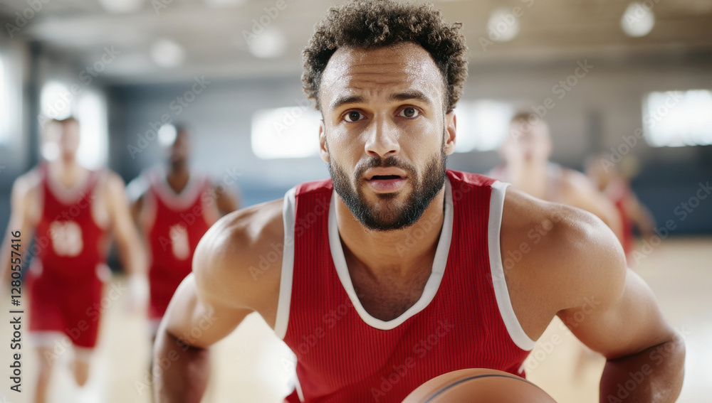Fototapeta premium Basketball player in red jersey dribbling ball during intense game