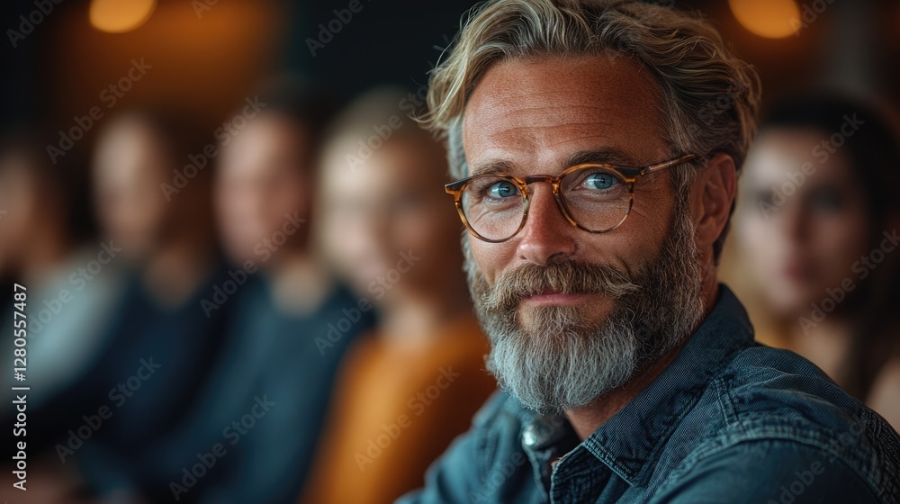 Man with glasses and beard smiling at a formal gathering in a dimly lit environment Man with glasses and beard smiling at a formal gathering in a dimly lit environment