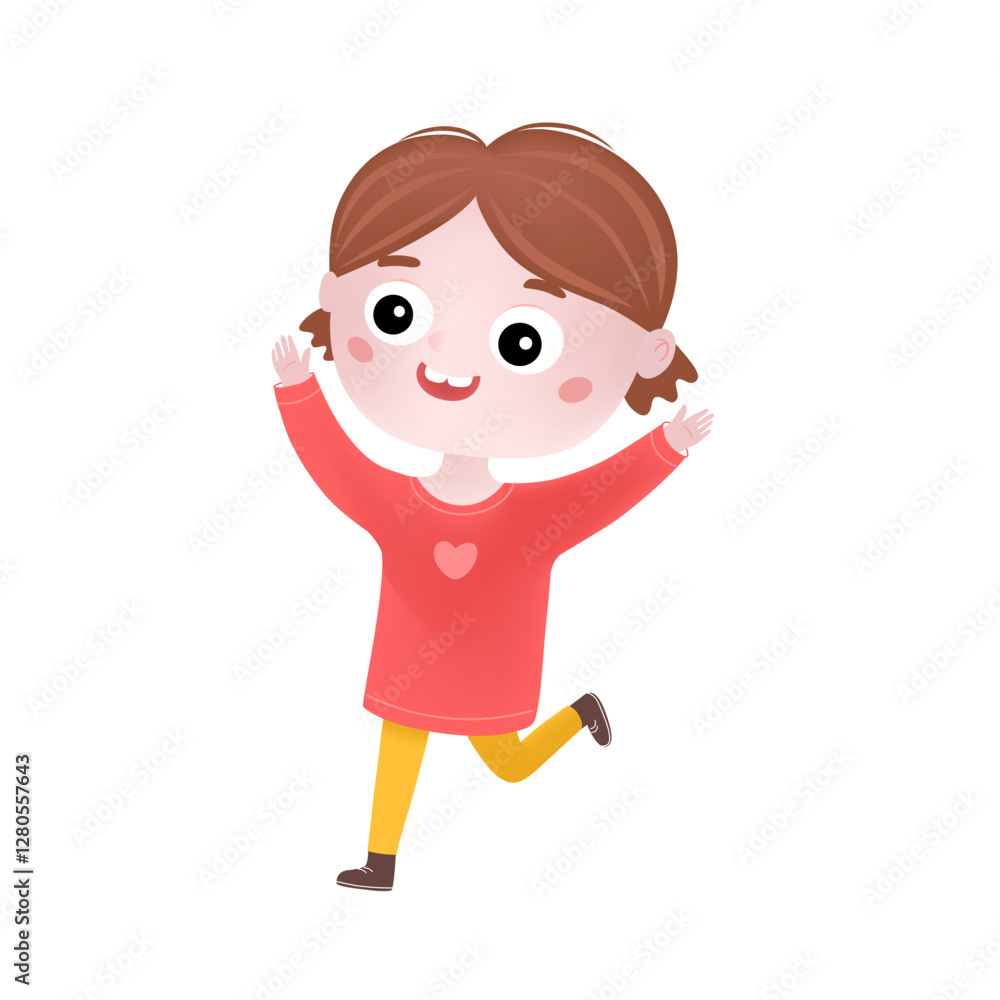 Happy little girl. Cute cheerful kid child girl celebrating with hands up. Flat graphic vector illustration isolated on white background Happy little girl. Cute cheerful kid child girl celebrating with hands up. Flat graphic vector illustration isolated on white background