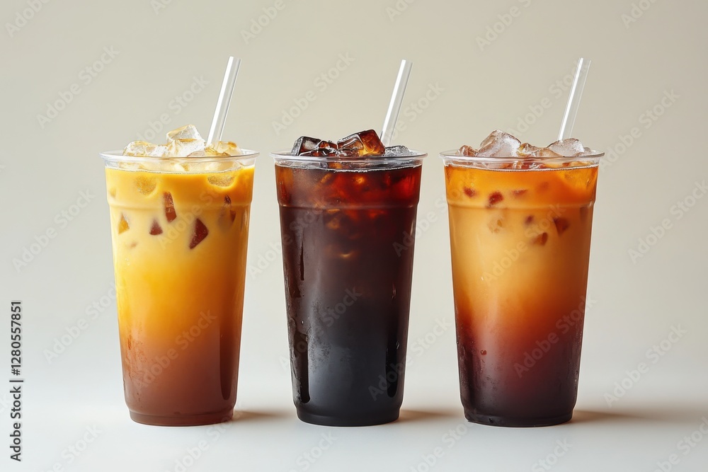 Set of three iced coffee drinks in clear cups, each with different milk ratios, straws, and ice cubes
