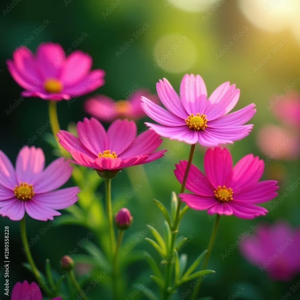 Vibrant cosmos flowers blooming in a lush garden , stems, wildflower, garden Vibrant cosmos flowers blooming in a lush garden , stems, wildflower, garden
