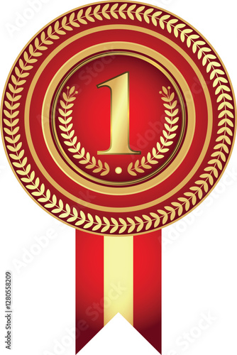 Vector round golden and red gradient frame with floral border and ribbon on transparent background