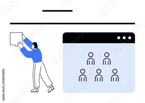 Person arranging interface blocks with icon grid representing users. Ideal for teamwork, leadership, collaboration, online platforms, productivity, UX design, abstract line flat metaphor