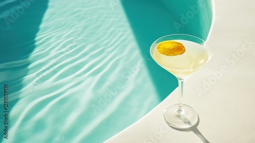 Alcohol consumption at a luxurious poolside with cocktails and tropical setting. Featuring relaxation and elegance