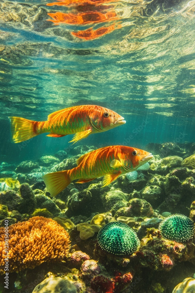 Naklejka premium Vibrant underwater scene showcasing colorful fish swimming among