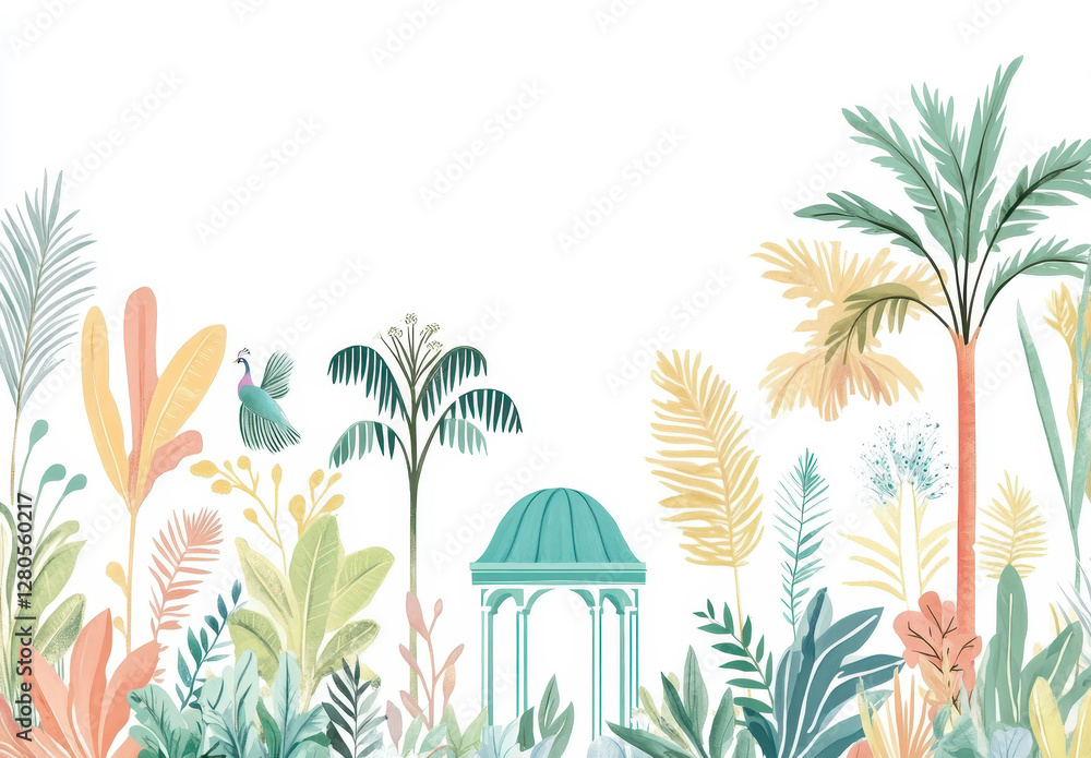 custom made wallpaper toronto digitalVintage jungle illustration with exotic plants, pavilion, and bird in vibrant colors