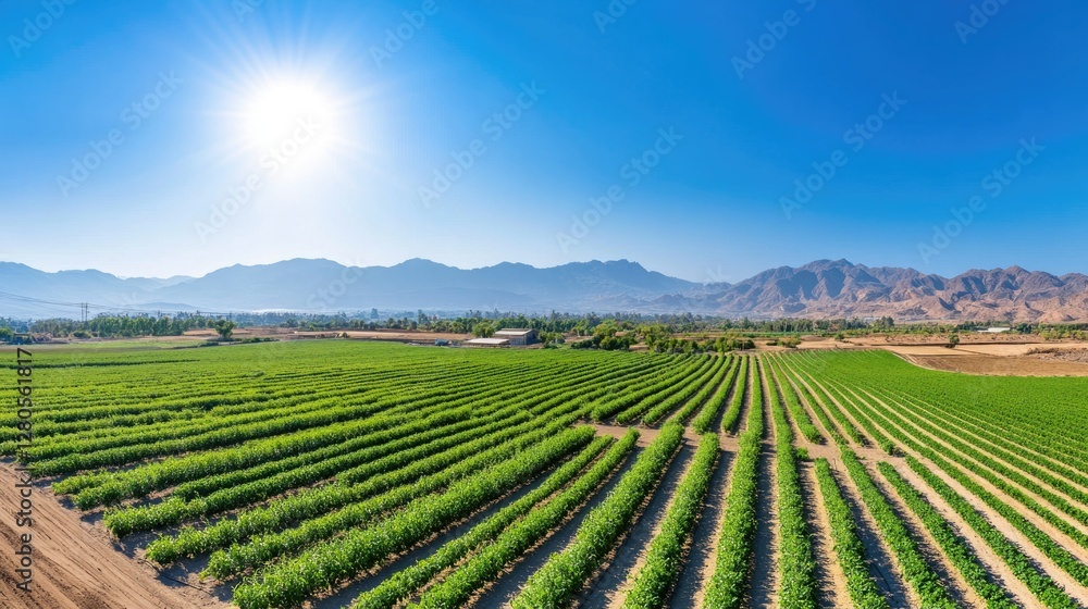 Aerial view of a vast farm with a drip irrigation system, precisely delivering water to rows of crops in a dry, arid landscape. Aerial view of a vast farm with a drip irrigation system, precisely delivering water to rows of crops in a dry, arid landscape.