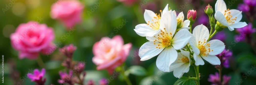 High-angle view of white Verbascum blossoms amidst roses and salvia , vibrant, white, white flowers High-angle view of white Verbascum blossoms amidst roses and salvia , vibrant, white, white flowers