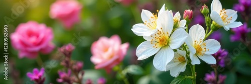 High-angle view of white Verbascum blossoms amidst roses and salvia , vibrant, white, white flowers