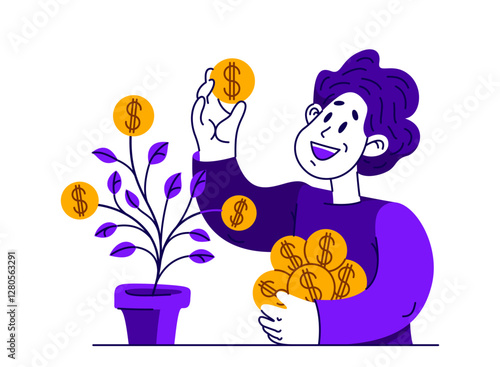 Young man has a pot with a money tree, vector concept of savings and investments, return on investment, finance.